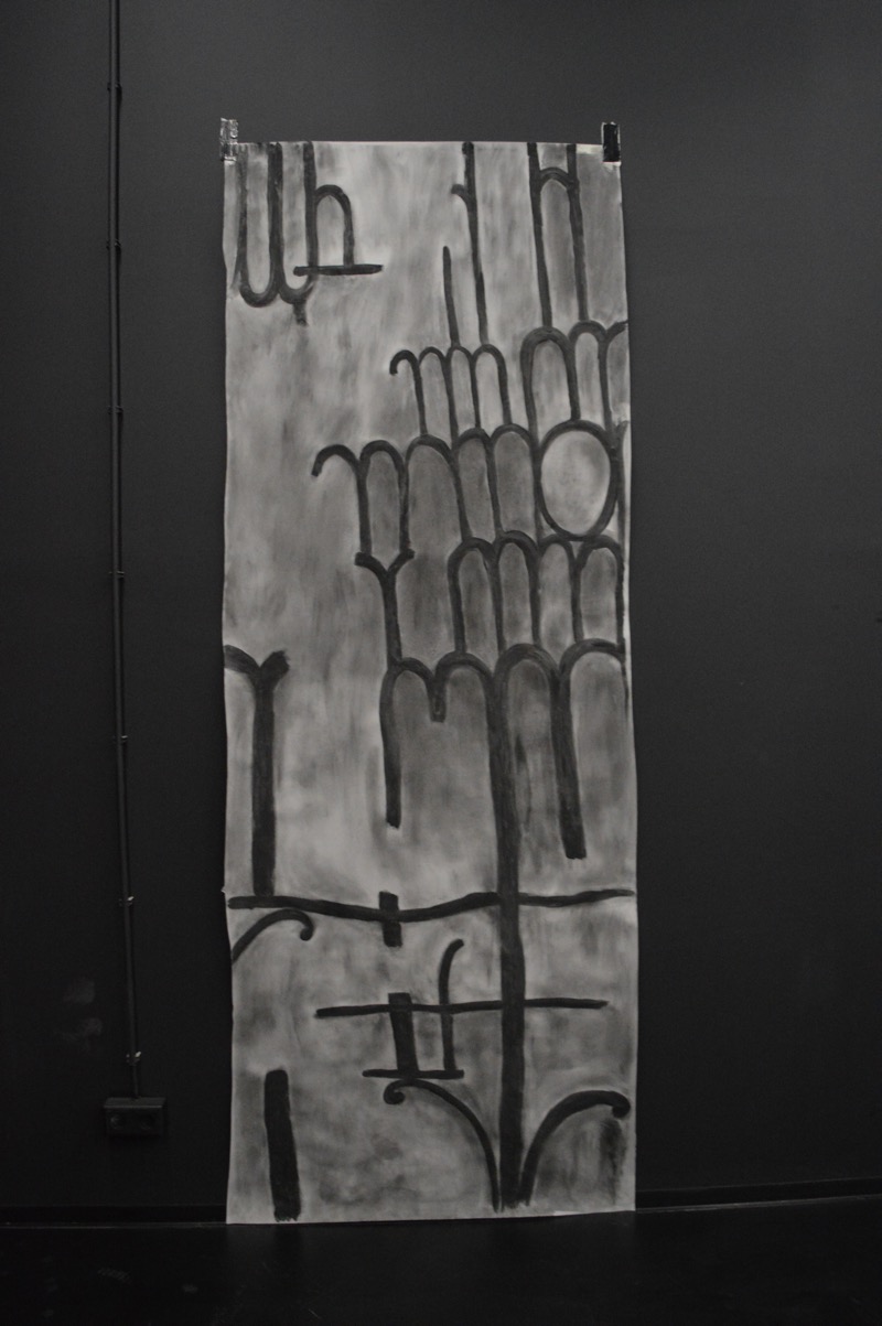 Jesse Asselman Creation in Space I, charcoal on grey paper, 85x230, 2018