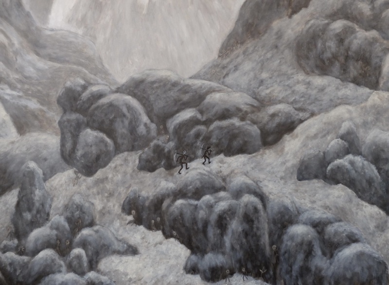 Two little deamons in the mountains searching for diamonds, oil on canvas, 190x190, 2021 (detail)